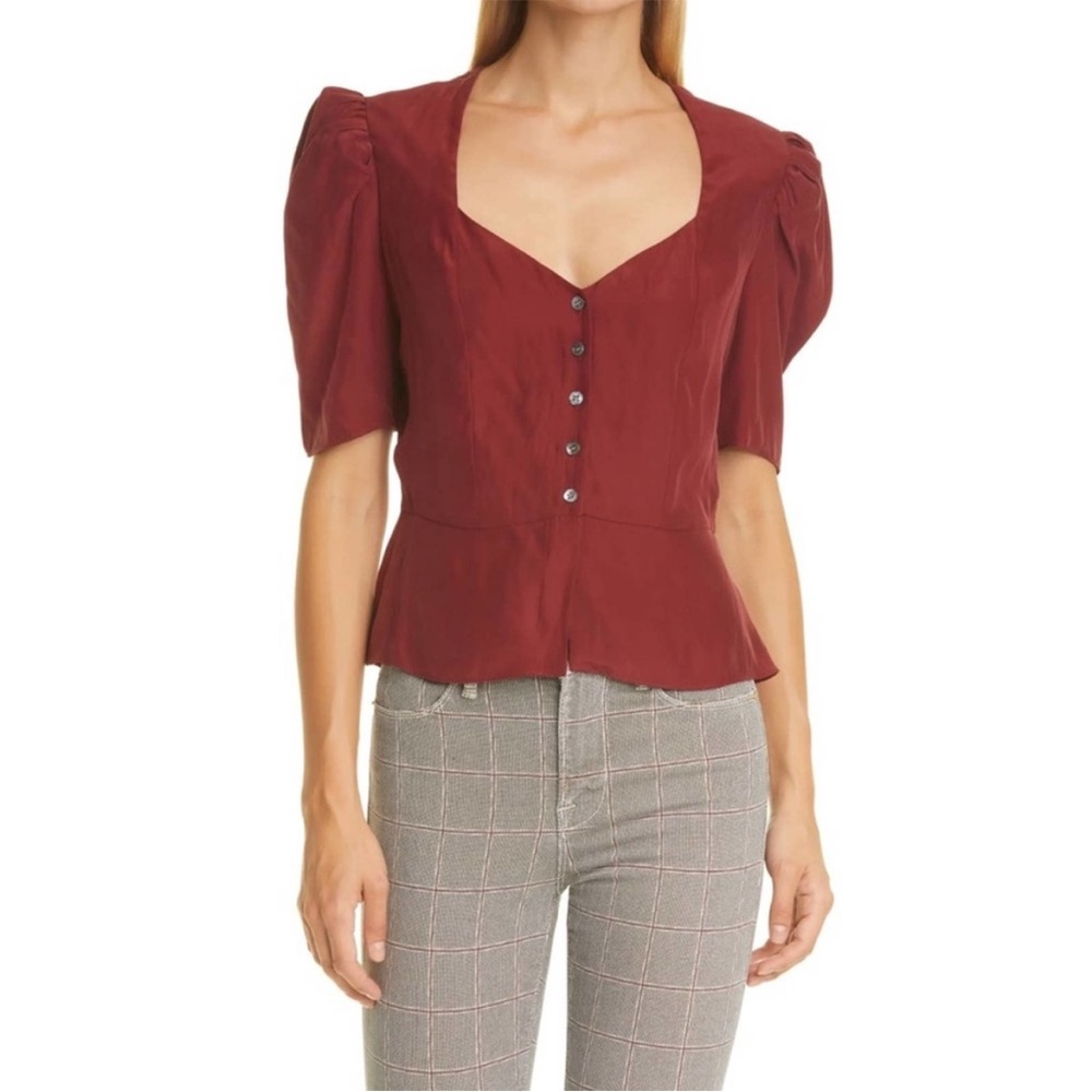 Frame Denim Puff Sleeve Silk Blouse in Oxblood